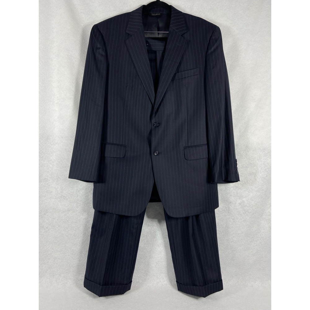 Jos A Bank 2PC Pant Suit Mens 42R Navy Pinstriped 100% Wool Classic Professional